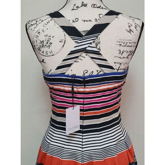 NWT CALVIN KLEIN Retro Striped Cross-back Pleated Dress SIZE S MSRP $134 - Picture 7 of 14